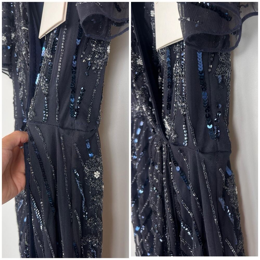 Mac Duggal 2 Black Sequin Evening Gown Prom Maxi Dress Slit Flutter Sleeve - Picture 6 of 10